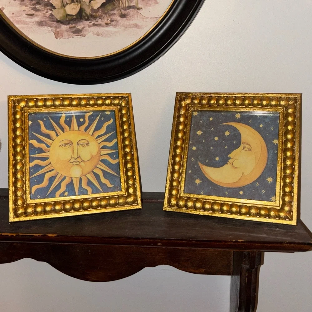 Celestial Moon & Stars Mary Beth Zeitz Gold Themed Copy Frame Art 5”x 5” - Picture 1 of 8